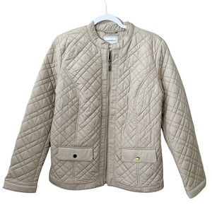 CHARTER Club Jacket Womens Size M Beige Quilted Mandarin Collar Zip Pockets New